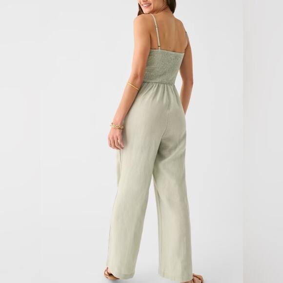 Faherty Mandy Smocked Linen Jumpsuit in Sage XL - Picture 6 of 7